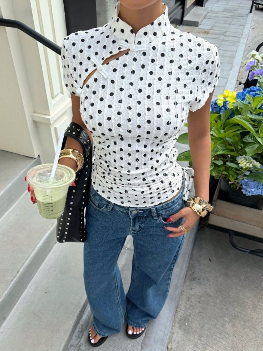 Black and White Casual Women's Polka Dot mandarin collar Short Sleeve Top